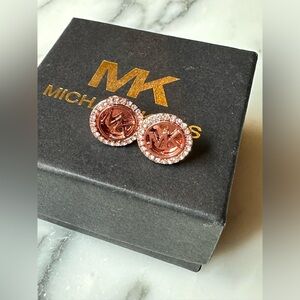 Michael Kors MK Monogram Logo Pave Stud Earrings Faux Rose Gold Costume Jewelry